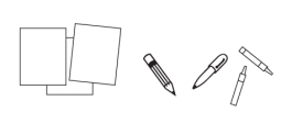 Paper, pencil, pen, and crayon icon.
