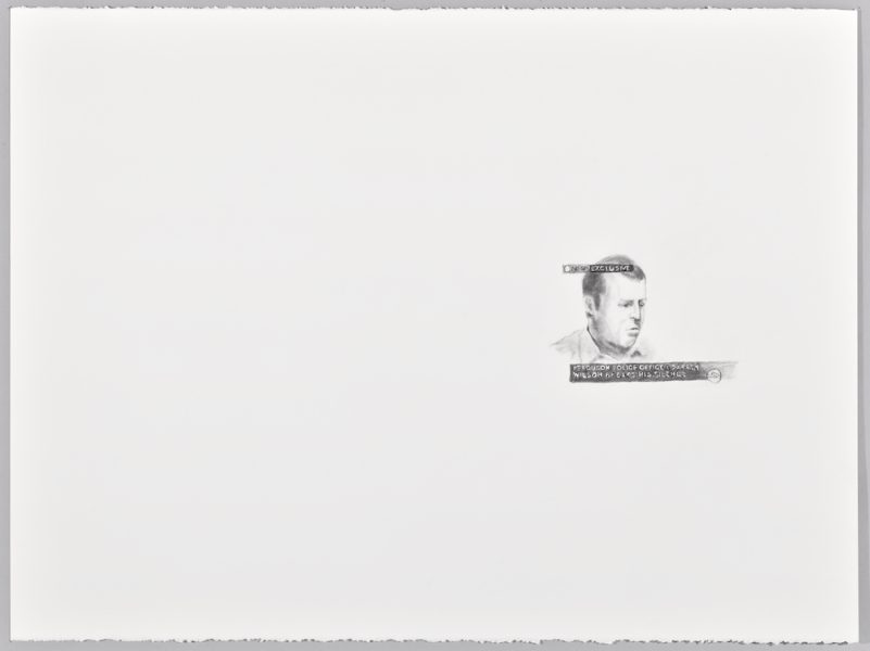 A minimalistic artwork showing a small sketch of a person’s face on the right side. There are thin black bars with indistinctive text over the face. The rest of the image is predominantly white space.