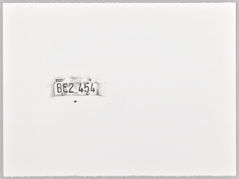 A black and white drawing of a cars license plate with the number BE2 454, placed in the center of a large, mostly blank white canvas. The background is stark and minimalist.