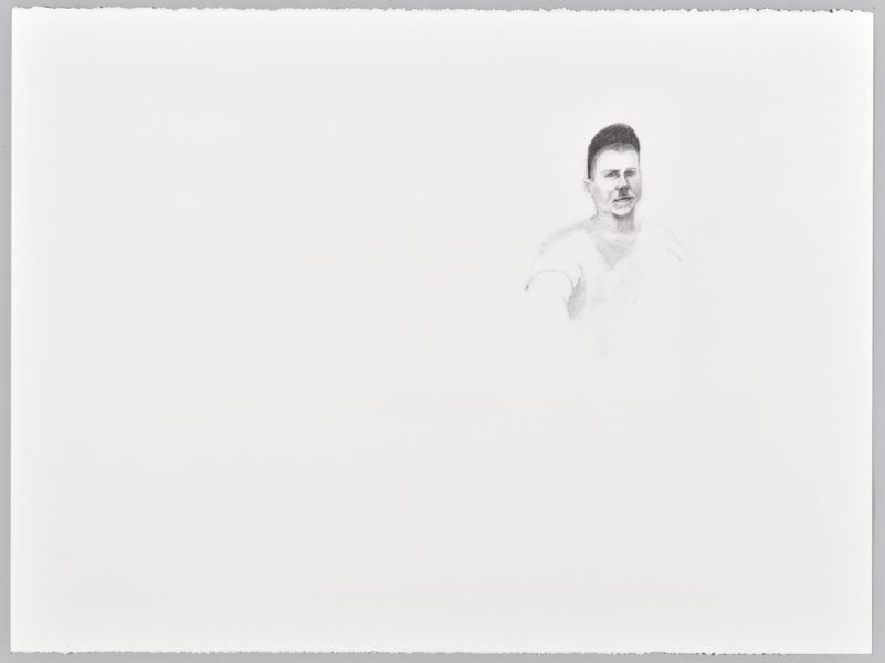 A minimalist drawing shows the upper body of a man with a mustache and short hair, wearing a light shirt. The background is a plain white, leaving most of the canvas blank.