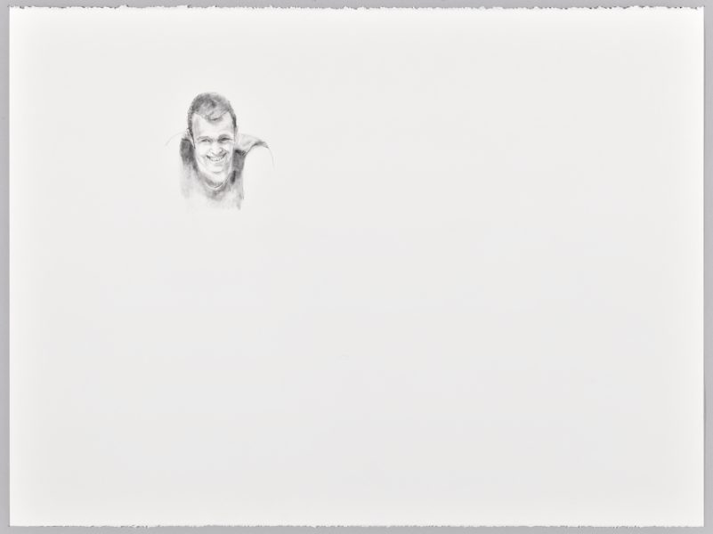 Sketch of a smiling man positioned in the top left quadrant of a nearly blank white canvas. The drawing is detailed but the rest of the canvas remains unmarked.