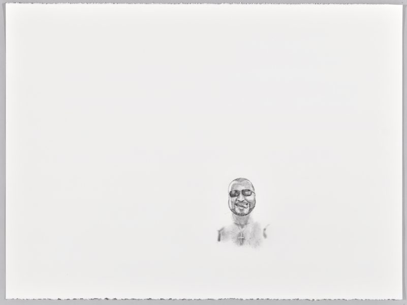 A small, detailed pencil sketch of a smiling person wearing glasses is positioned in the lower right quadrant of a large, mostly blank white canvas. The person appears to have short hair and is wearing a necklace.
