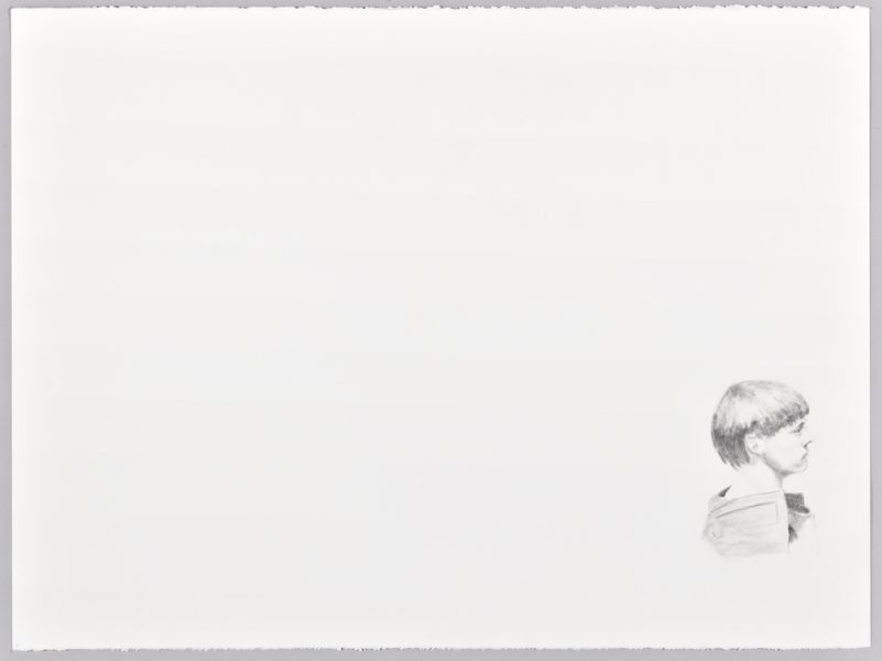 Minimalist artwork depicting the profile of a person with short hair and wearing a jacket. The drawing is positioned in the lower right corner against a large expanse of white space.