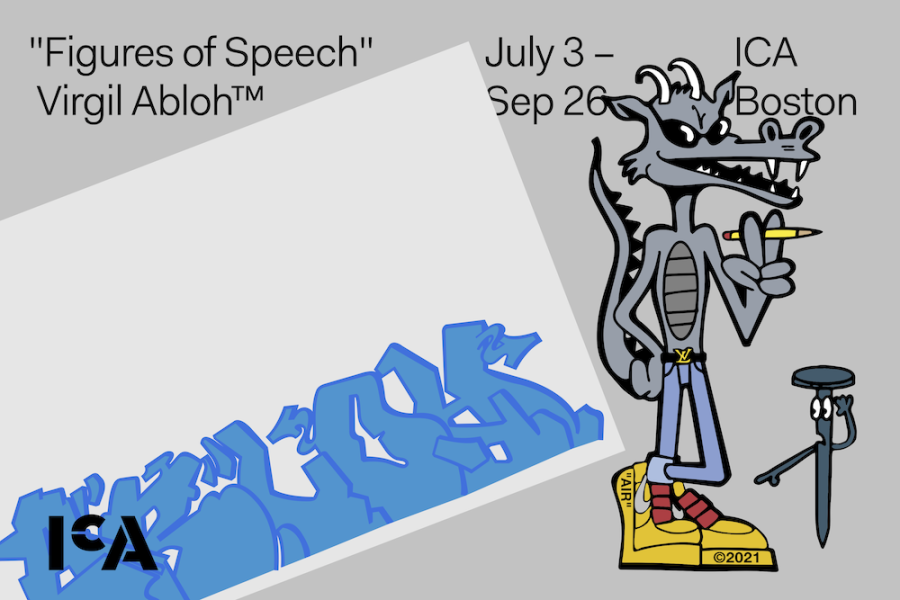 An illustration of a reptile wearing jeans an yellow shoes and the words "Figures of Speech" Virgil Abloh.
