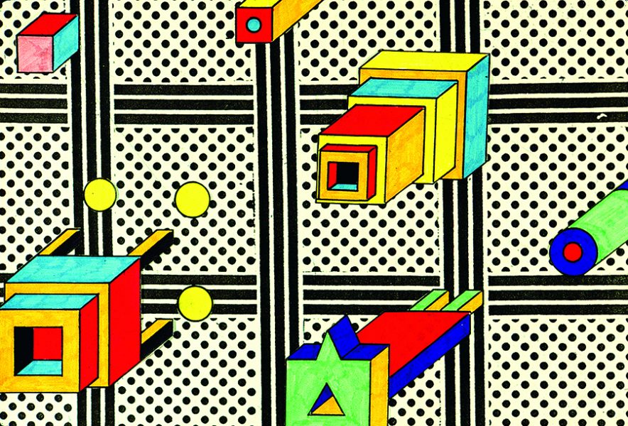 A pattern of black and white dots and stripes behind colorful 3D geometric shapes.