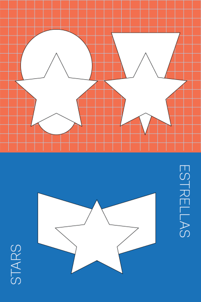 Graphic outlines of stars over a blue and red grid background.