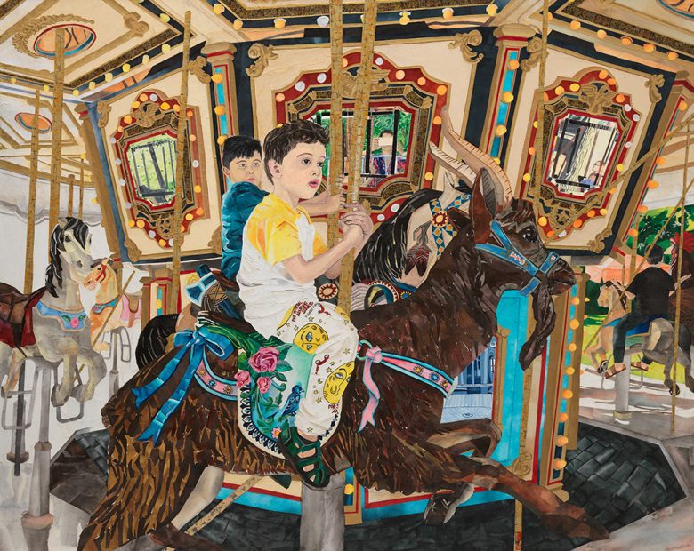 Two children ride ornate carousel horses with colorful decorations. Brightly lit mirrors and lights adorn the carousel in the background. The scene is lively, capturing a moment of joy and excitement.