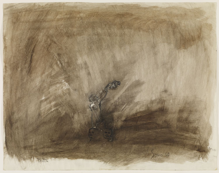 A brown watercolor depicting a dark, shaded scene of a small nude figure holding an infant above their head.