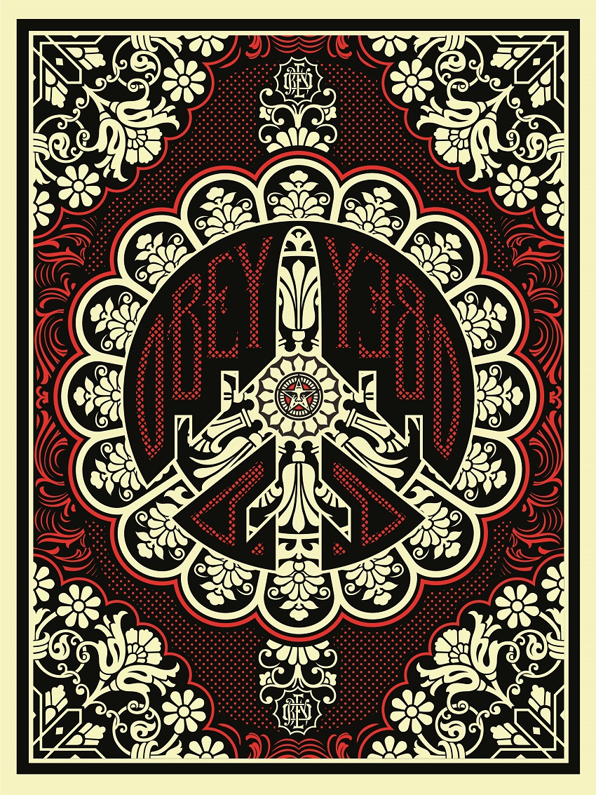 A screenprint of an ornate red and pale yellow peace sign containing the silhouette of a bomber aircraft against a black background.