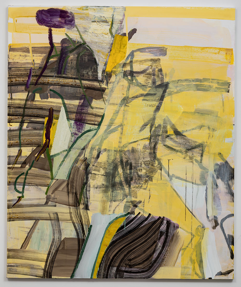 Abstract yellow, black, and white painting with rough, varied brushstrokes