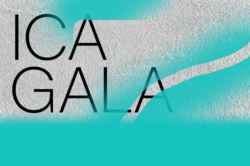 Text on a textured background reads ICA Gala 2024. The design features bold black letters overlaid with a turquoise and gray abstract pattern, creating a striking visual effect.
